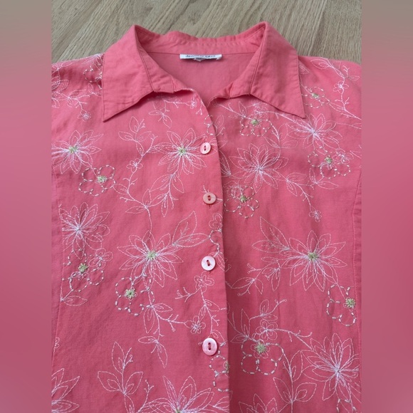 Vintage Ramie Linen Blend Embroidered Button Front Short Sleeve Blouse Shirt L - Picture 7 of 9